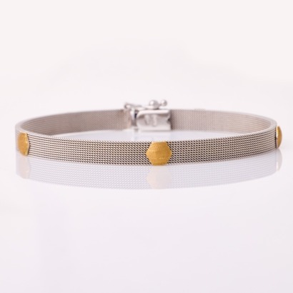 18ct Yellow / White Gold, 19cm Italian Made, Mesh Flexible Bracelet with Yellow Gold Accents