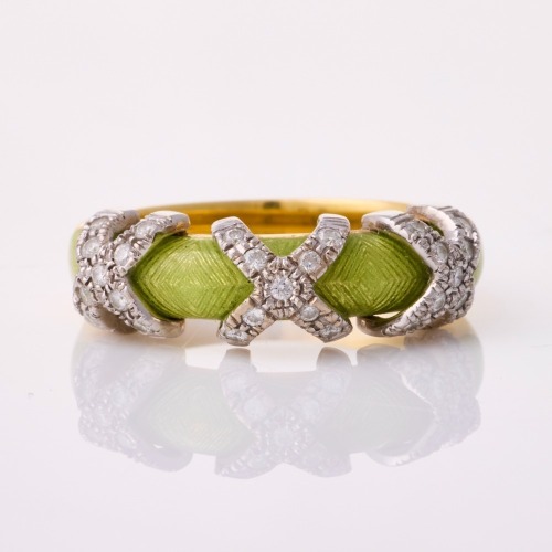 Faberg&eacute;, 18ct Yellow Gold, .27ct Diamond / Green Enamel Ring with Box