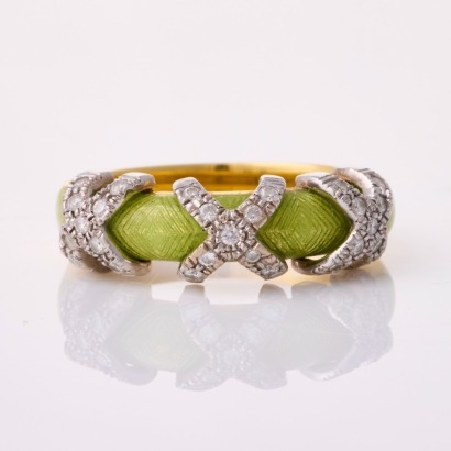 Faberg&eacute;, 18ct Yellow Gold, .27ct Diamond / Green Enamel Ring with Box