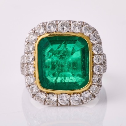 An important, 18ct Yellow / White Gold, 6.00ct Emerald / 1.95ct Diamond Cocktail Ring