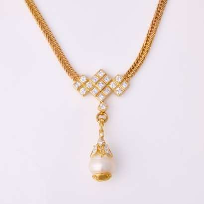 14ct Yellow Gold, Modern, 14mm Pearl / 1.96ct Diamond Necklace