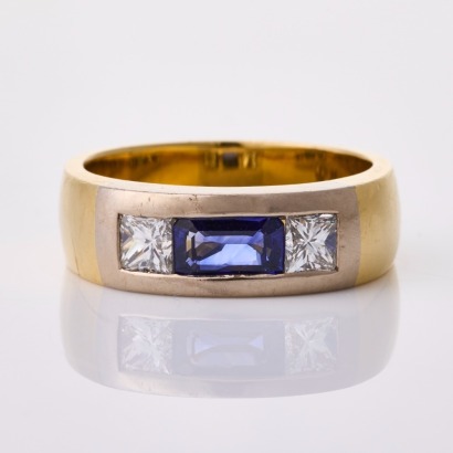 18ct Yellow / White Gold, 1.31ct Rectangular Cut Sapphire / 1.15ct Princess Cut Diamond Ring