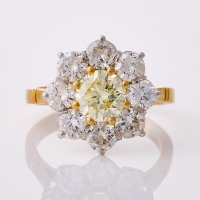 18ct Yellow / White Gold, 1.08ct Round Brilliant Cut / 1.48ct Diamond Cluster Ring