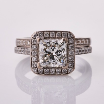 18ct White Gold, 1.56ct Princess cut Diamond / .27ct Diamond Cluster Ring with .12ct Diamond Band