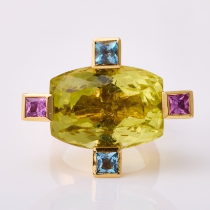 18ct Rose / Yellow Gold, Custom Made, Striking, 37.00ct Lemon Citrine "Rocktail" Ring by James McCarty Design