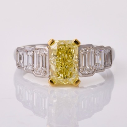 Partridge Jewellers, 18ct White Gold / Platinum, 2.13ct Fancy Yellow / 1.30ct Emerald Cut Diamond Ring