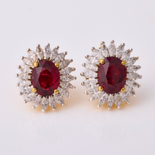 19ct Yellow Gold, Modern, Rare, 4.65ct Red Spinel /2.40ct Diamond Cluster Earrings