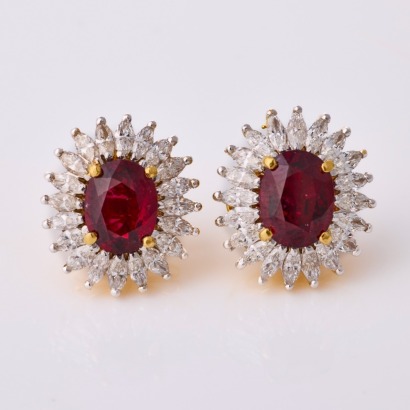 19ct Yellow Gold, Modern, Rare, 4.65ct Red Spinel /2.40ct Diamond Cluster Earrings