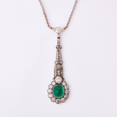 Platinum, Estate, 2.88ct Emerald / Diamond Drop Pendant with 9ct White Gold, 42cm Foxtail Chain