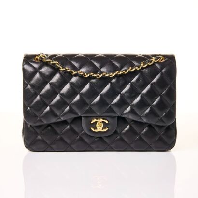 Chanel, Large, Black Double Flap Lambskin Bag with Box