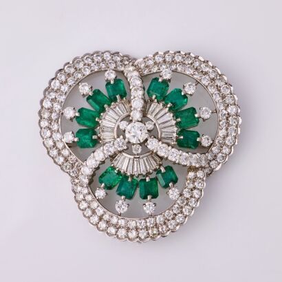 Platinum, 2.80ct Emerald / 6.55ct Diamond, Trefoil Brooch / Pendant