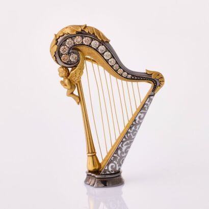 18ct Yellow / White Gold, Mousson Atelier, St Petersburg, .34ct Champagne Diamond Harp Brooch