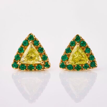 18ct Yellow Gold, Modern, .85ct Fancy Intense Yellow Diamond / .26ct Emerald Earrings