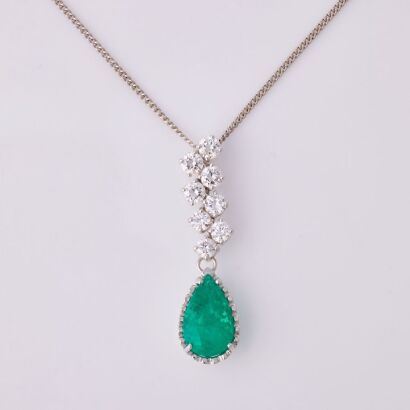18ct White Gold, Modern, 2.26ct Colombian Emerald / 1.00ct Diamond Drop Pendant, on 40cm Platinum Chain - Near new