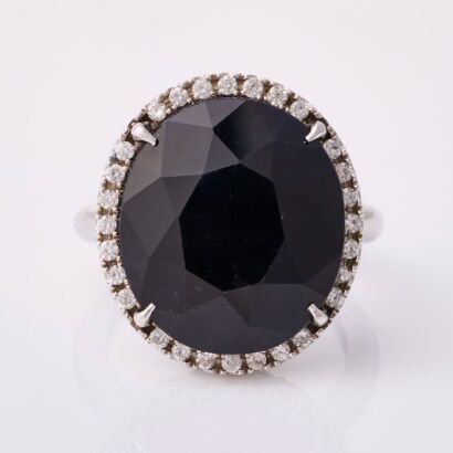 18ct White Gold, Modern, 15.20ct Black Sapphire / .28ct Diamond Dress Ring