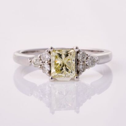 18ct White Gold, Modern, 1.00ct Fancy Light Yellow Diamond / .20ct Diamond Ring - Near new