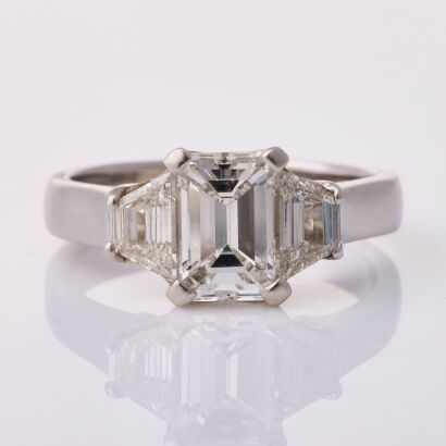 Platinum, Modern, 2.01ct Emerald Cut /.80ct Trapezoid Diamond Ring, GIA report