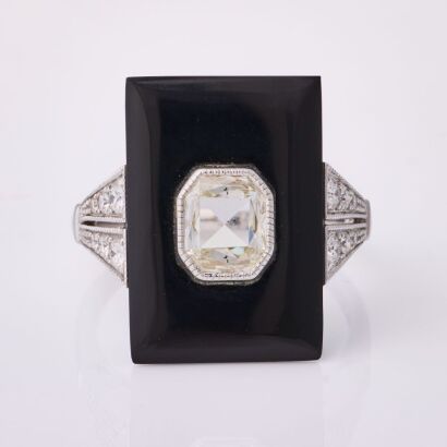 18ct White Gold, Art Deco Style, .78ct Diamond /.24ct Diamond / Onyx Ring - Near new