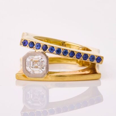 18ct Yellow Gold, Handmade, Modern, 1.03ct Asscher Cut Diamond / .60ct Sapphire Ring