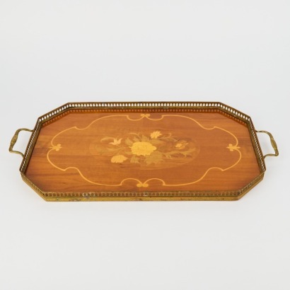 A Wooden Inlay Drinks Tray with Brass Trim by Christiano, Italy