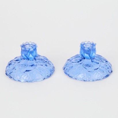 A Pair of Fenton Blue Water Lily Art Glass Candle Holders