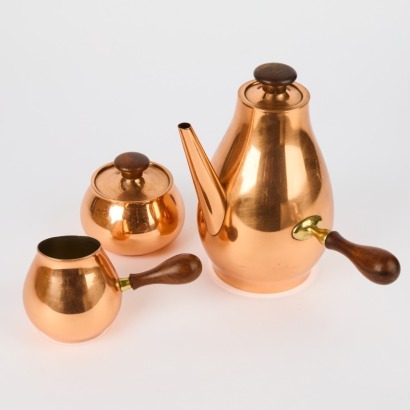 A Vintage Three-Piece Italian Copper and Teak Coffee Set