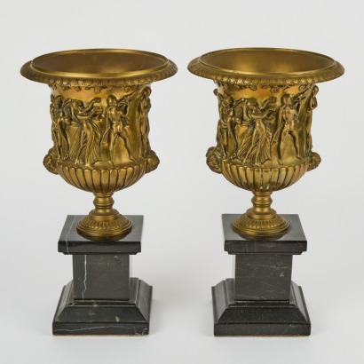 A Pair of Replica Borghese Grand Tour Bronze Vases On Marble Plinths