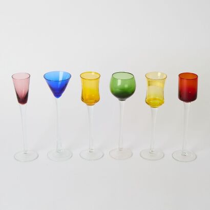 A Set of Six Colored Glass Wine Goblets