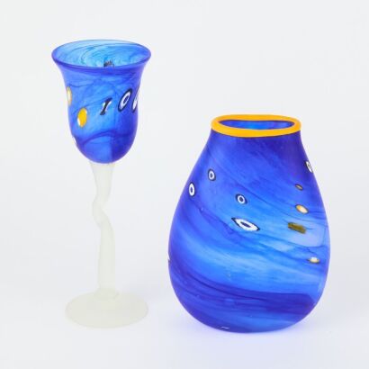 A Two-Piece Lynette Campbell Art Glass and Wine Glass
