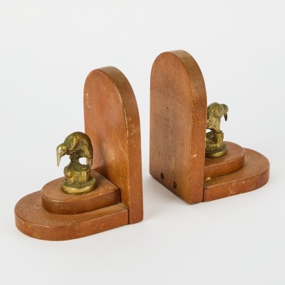 A Pair of Wood Bookends with Brass Kiwis