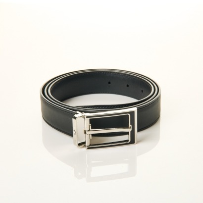 Montblanc, Black Cowhide Leather Belt with Stainless Steel Buckle - Boxed - As new