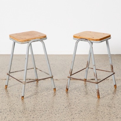 A Pair of Vintage School Lab Stool with Plywood Seat and Metal Legs