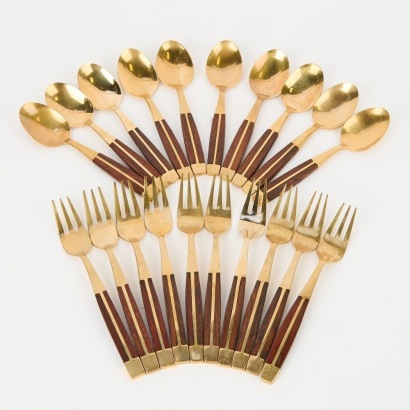 A Mid-Century Rosewood & Brass Cutlery Service