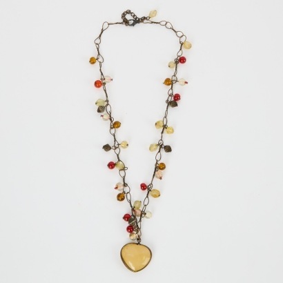A Stone and Crystal Wire Necklace with Heart Shaped Stone Pendant
