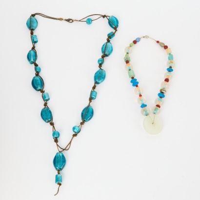 A Pair of Auqa Glass Bead Wire Necklaces