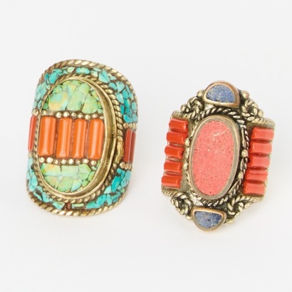 A Pair of Tibetan Inlaid Stone Rings