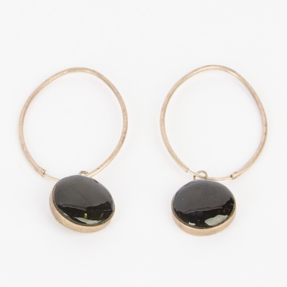 A Pair of Silver Hoop Earrings with Onyx Drop Pendants