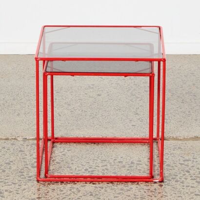 A Pair of Red Lacquer Steel And Glass Cube Tables