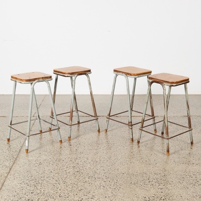 Four Vintage School Lab Stool with Plywood Seat and Metal Legs