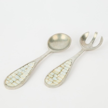 A Pair of Vintage Pewter Serving Spoons With Mother Of Pearl Inlay