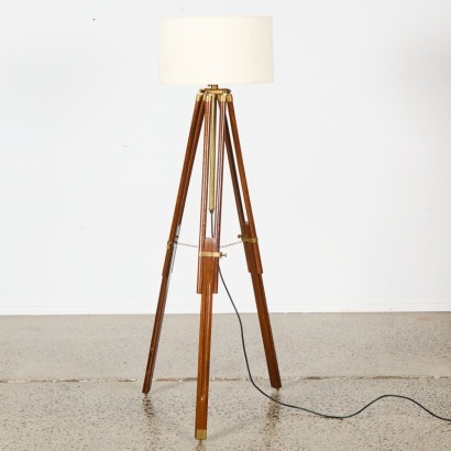 A Vintage Wood and Brass Tripod Floor Lamp