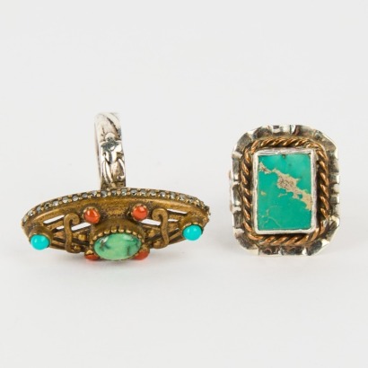 A Pair of Glass Gem Rings in Silver