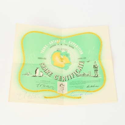 A Trans-Atlantic Expedition Share Ceritifcate Hand-Signed by Edmund Hillary and George Lowe