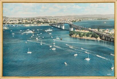 A Rare Large Handcoloured Whites Aviation Photograph Of The Opening Of The Auckland Harbour Bridge 1959