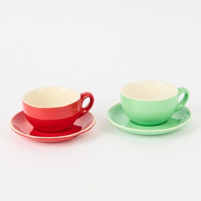 A Pair of Andrew Hawley Rockingham Cups and Saucers