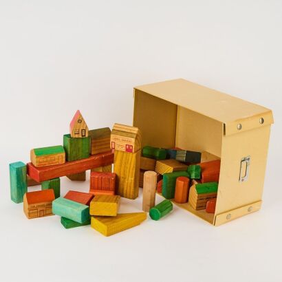 A Box of Vintage Childrens Blocks with Village Shop Blocks