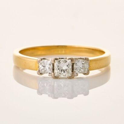 18ct Yellow Gold, .40ct Princess Cut Three Stone Diamond Ring