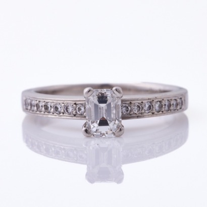 Platinum, Modern, .49ct Emerald Cut / .14ct Brilliant Cut Diamond Ring