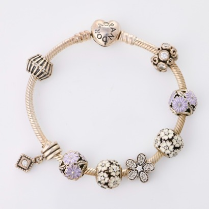 Sterling Silver, Pandora, 18cm Floral Charm Bracelet