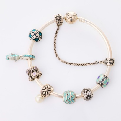 Sterling Silver, Pandora, Blue Colour Theme Charm Bangle